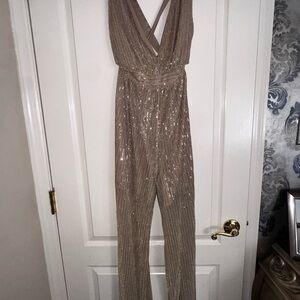 Dress Forum Champagne Sequin Halter Jumpsuit